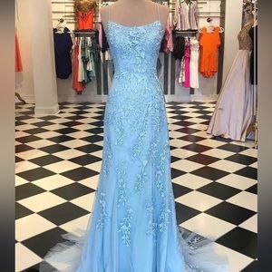 Spaghetti Strap Sky Blue Mermaid Prom Dresses Backless